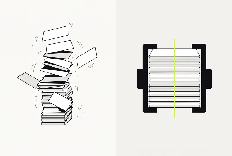 Cards flying apart next to a neat stack clamped by a bracket, showing a fragile AI demo versus a production system